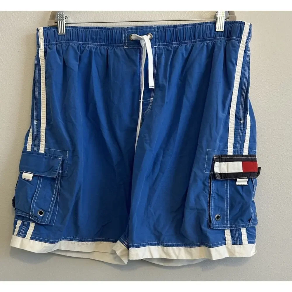 90s Tommy Hilifger Swim Trunks XL Cargo Shorts Nylon Big Pockets Y2K Preppy VTG